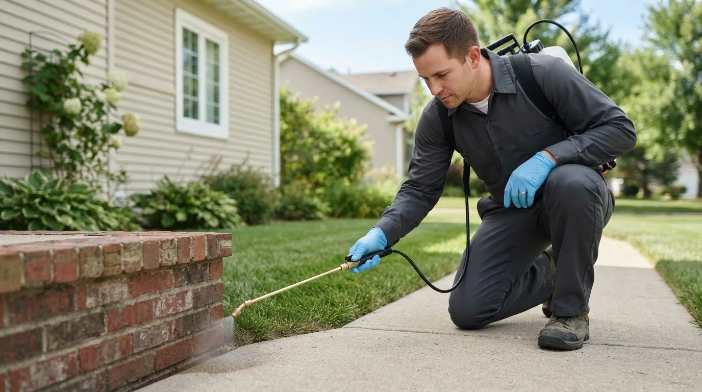 Pest control technician treating a home near Kincaid, WV